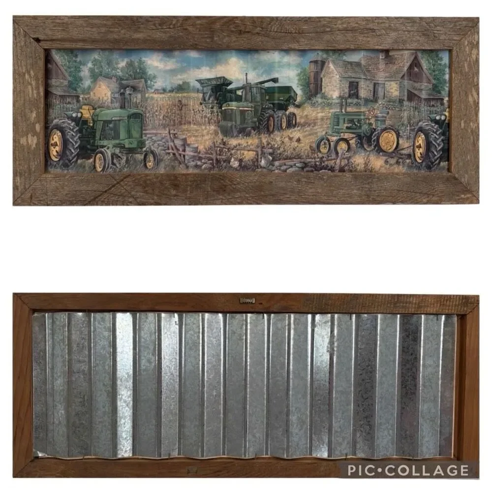 Handmade Wood & Metal Wall Hanging Tractors Folk Art Print Farmhouse Vintage